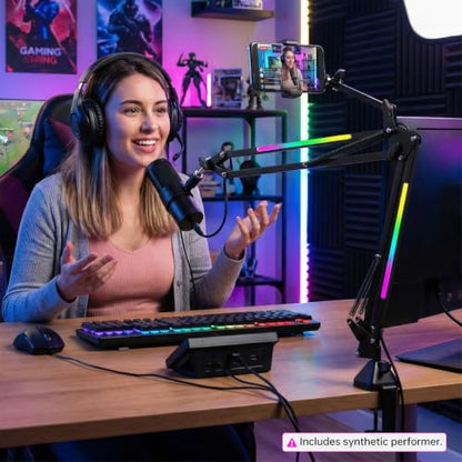 Heavy Duty Mic Boom Arm RGB Steel Scissor Desk Stand for Podcast Gaming | Supports 3.3lb. Thickened alloy steel. Phone holder.12 Light modes.Tool-free. For streaming podcast gaming singing recording