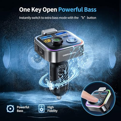 UNBREAKcable Bluetooth FM Transmitter for Car, PD 38W Fast Charging, Wireless Bluetooth FM Radio Adapter, Car Kit with Hands-Free Calls, HiFi Bass Boost MP3 Music Player Support USB Drive - color: Grey