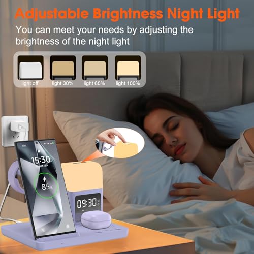 Wireless Charger for Samsung/Android Charging Station, 6 in 1 Fast Watch Charger with Alarm Clock-Night Light, Compatible for Galaxy S25 Ultra/S24, Only for Samsung Watch8/7, Galaxy Buds3 Pro(Purple) - color: Purple