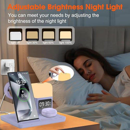 Wireless Charger for Samsung/Android Charging Station, 6 in 1 Fast Watch Charger with Alarm Clock-Night Light, Compatible for Galaxy S25 Ultra/S24, Only for Samsung Watch8/7, Galaxy Buds3 Pro(Purple) - color: Purple