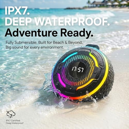 Waterproof Speaker Bluetooth,Portable Magnetic IPX7 Shower Speaker with 360° Surround Sound 10W, Bluetooth 5.3, Mic & LED Light, Hook & Lanyard, 12H Playtime for Bathroom, Outdoor, Beach （black）