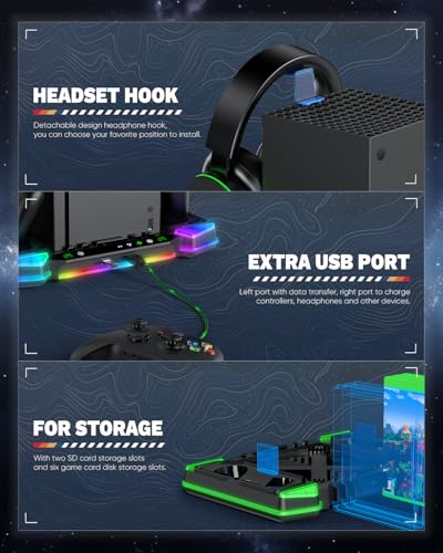 MENEEA Upgraded RGB Cooling Fan Stand for Xbox Series X with Controller Charger : Accessories for Xbox X Console, Dual Charging Dock & Cooler System Station,with 11 Light Modes & Headset Hook