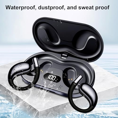 Open Ear Headphones Wireless Bluetooth 5.4, Air Conduction Wireless Earbuds with Ear Hooks and Mic, 50H LED Charging Case, IPX7 Water Resistant Sport Headphones for Running Gym Work - color: Black