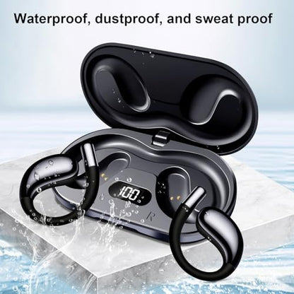 Open Ear Headphones Wireless Bluetooth 5.4, Air Conduction Wireless Earbuds with Ear Hooks and Mic, 50H LED Charging Case, IPX7 Water Resistant Sport Headphones for Running Gym Work - color: Black