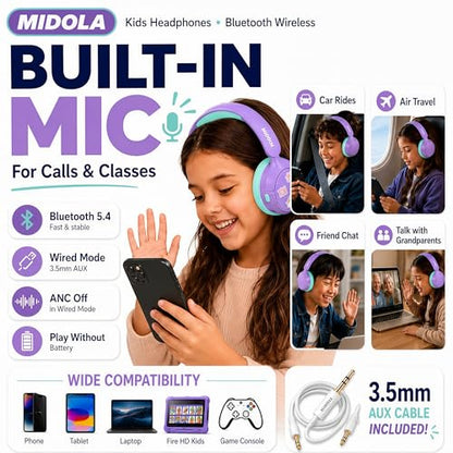MIDOLA Kids Bluetooth Headphones Wireless,ANC,68H,Safe Volume Limit 85/94dB | Active Noise Cancelling,Adjustable Headband Foldable Over-Ear for Toddler Girls Boys Tablet/iPad,HD Stereo,Built Mic,Purple - color: Purple