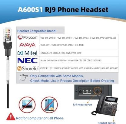 Arama Phone Headset for Office Phones for Polycom & Other IP Phones(A600S1) | Noise-canceling Mic, Metal Headband, Lightweight Design, Plug-and-play, Hands-Free, Call Center, Telemarketing, Office