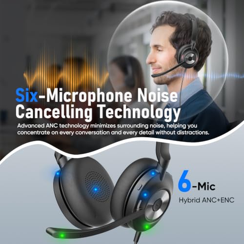 USB Headset with Microphone for PC, Active Noise Cancelling Headphones with ENC Noise Cancelling Mic, Wired Office Computer Headset with Mute for Call Center, Teams, Zoom