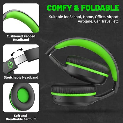 UKELALA U2B ANC Wired & Wireless Bluetooth 6.0 Headphones Foldable with Mic | Up to 30 Hrs Battery, Noise Canceling Foldable Lightweight Head phones with Volume Control‌ for Kids Adult School Black Green - color: Green/Black