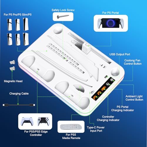 FYOUNG All in One Cooling Stand & Charger Station for PS5/Slim/Pro Console and Controller Charing Dock, Charging Stand for PlayStation Portal, Headset and Remote Holder with RGB Light Stand (White) - color: White