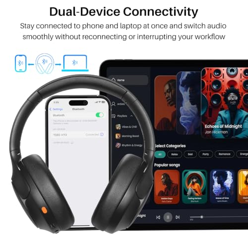 TOZO HT3 Hybrid Noise Cancelling Wireless Headphones, 90H Over Ear Headset | Hi Res Audio, AI Voice Assistant, Dual Device Connection, 32 Custom EQs, Built In 5 Mics, ANC, Foldable, Bluetooth 6.0 - color: Gray