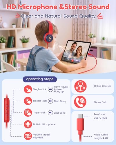 Candy Bila USB C Kids Headphones with Mic, Wired Over-Ear for Boys Girls | 85/94dB Safe Volume, HD Mic Stereo Sound, Foldable Design for Travel,Compatible USB-C iPads,Tablets,Chromebook,Gradient Red - color: Gradient Red