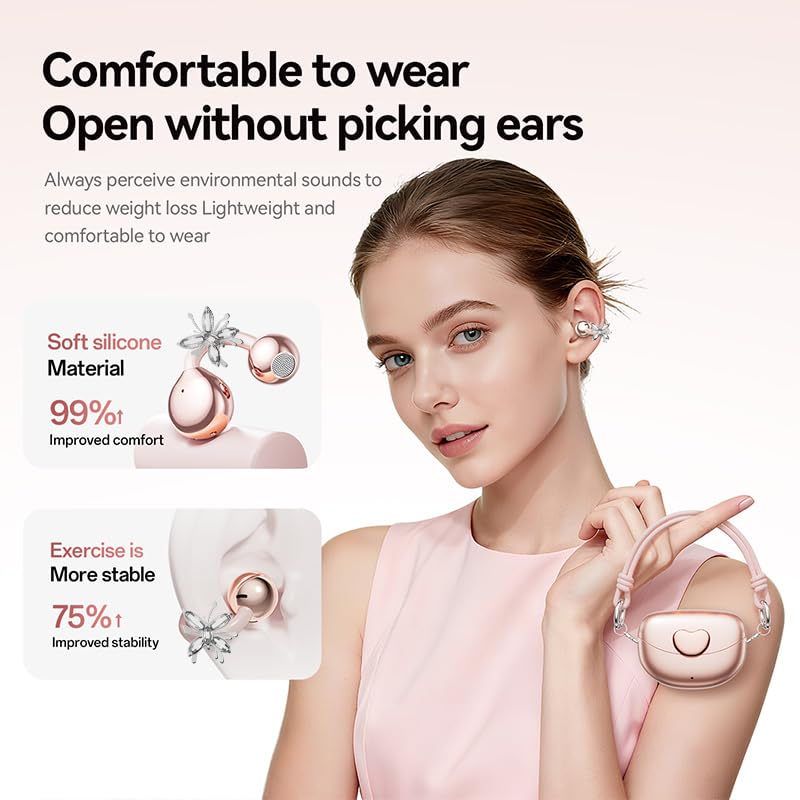 Clip-On Open Ear Earbuds for Women with Matching Bracelet, Bluetooth 6.0 Wireless Earbuds, Hi-Fi Stereo Sound, Lightweight Headphones for Small Ears, 40H Playtime, USB-C, Rose Gold,Pink - color: Rose gold