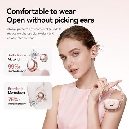 Clip-On Open Ear Earbuds for Women with Matching Bracelet, Bluetooth 6.0 Wireless Earbuds, Hi-Fi Stereo Sound, Lightweight Headphones for Small Ears, 40H Playtime, USB-C, Rose Gold,Pink - color: Rose gold