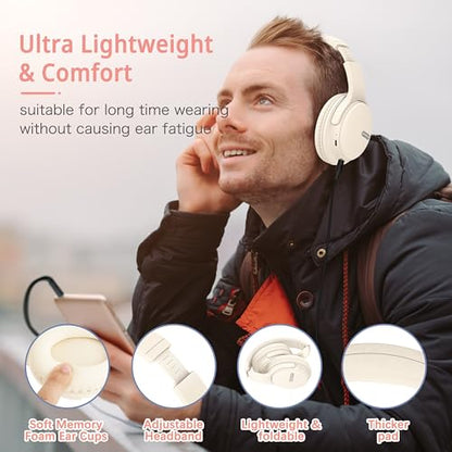AMORNO Bluetooth Headphones Over Ear, 68 Hours Playtime Wireless Headphones with Mic, Foldable Adjustable Lightweight HiFi Stereo Headset for Cellphone/PC/Work/Travel (White) - color: White