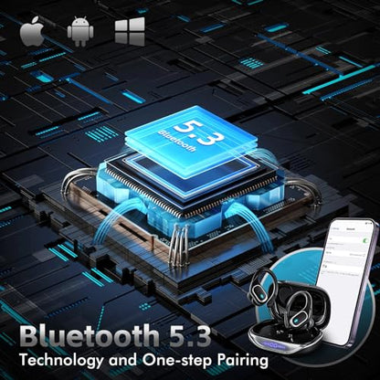 HAOYUYAN Wireless Earbuds Bluetooth 5.3 Headphones with 80H Playback, IPX7 Waterproof Over Ear Buds with LED Power Display for Sports Running Workouts Gray Black - color: Gray Black