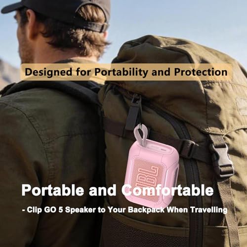Protective Case for JBL Go 5 Portable Bluetooth Speaker | Accessories Hard Carrying Case and Silicone Cover with Metal Carabiner (Pink Case)