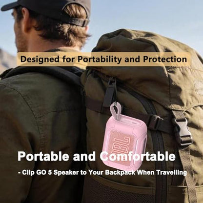 Protective Case for JBL Go 5 Portable Bluetooth Speaker | Accessories Hard Carrying Case and Silicone Cover with Metal Carabiner (Pink Case)