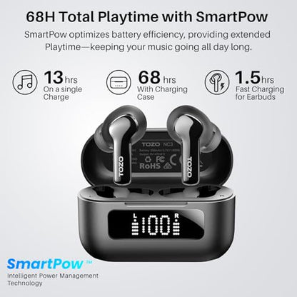 TOZO Hybrid Active Noise Cancelling in Ear Wireless Earbuds, 68H Playtime - color: Black