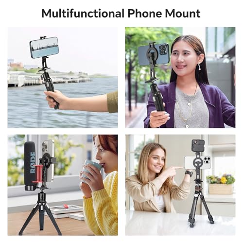 FANAUE Cell Phone Tripod Mount, Magnetic Aluminum Smartphone Stand Adapter with Cold Shoe Arca Swiss QR Base Plate,1/4" & 3/8'' Screw Phone Holder Mount for Video Live Streaming Vlogging