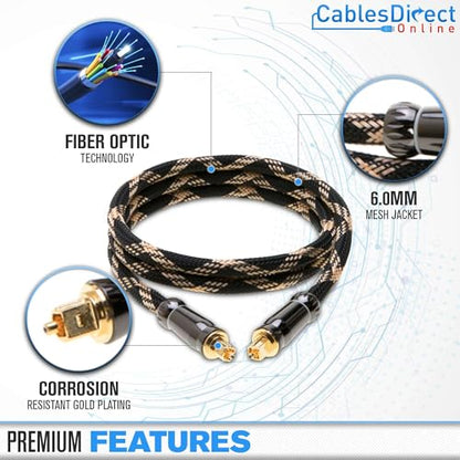 Cables Direct Online 3FT Premium Toslink Optical Audio Cable High Fidelity Digital Fiber Optic Cord for Home Theater, Sound Bar, Gaming Consoles Durable Nylon Braided Design Gold-Plated Connectors - size: 3ft