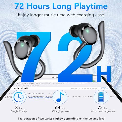 KT1 Bluetooth Headphones Wireless Earbuds 72hrs Playtime Wireless Charging Case Digital Display, Ear Buds with Earhook,IPX7 Waterproof, Deep Bass 2.0,Over-Ear Earphones for Sport Running, Black - color: Black