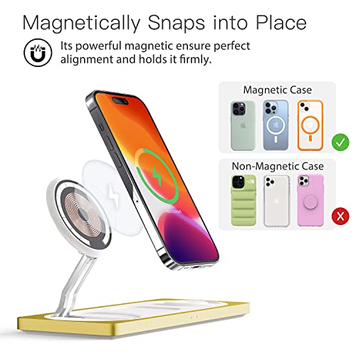 3 in 1 Wireless Charging Station for Apple Devices with MagSafe | For iPhone 17/Air/16/15/14/13/12, AirPods & Apple Watch, Foldable Portable Aluminum Charging Stand, Adapter Included - color: Yellow