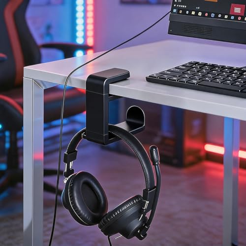 360° Rotating Headphone Hanger, Under Desk Headset Holder, Clamp‑On Headphone Stand for All Over‑Ear Headphones,Black - color: Black