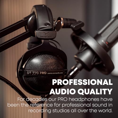 beyerdynamic DT 770 PRO, 32 Ohm, Closed Back, Over Ear, Wired Professional Studio Headphones, Mobile Recording, Podcast, Gaming, 1.6m Straight Cable, Black with Limited Edition Gray Velour Ear Pads | Closed Back, Over Ear, Wired Professional Headphones, M