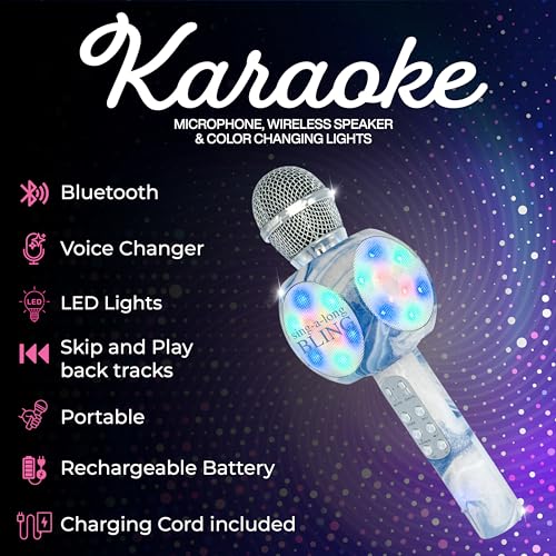 Sing-Along Bling Bluetooth Karaoke Microphone with LED for Karaoke Speaker | Rechargeable Bedazzled Microphone, Wireless Karaoke Microphone with LED Lights, SD Card Slot, Skip Tracks - Confetti Bling - color: Swirl Blue