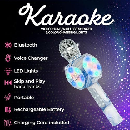 Sing-Along Bling Bluetooth Karaoke Microphone with LED for Karaoke Speaker | Rechargeable Bedazzled Microphone, Wireless Karaoke Microphone with LED Lights, SD Card Slot, Skip Tracks - Confetti Bling - color: Swirl Blue