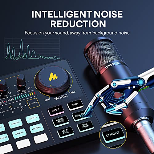 MAONO Podcast Equipment Bundle with Audio Mixer & 3.5mm Mic for Streaming | All-in-one audio production, PC and smartphone-compatible, 4 custom soundpads, for creators, home podcast setup AU-AM200-S6 - color: AU-AM200-S6 Black