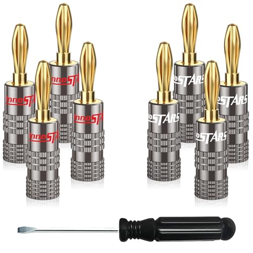 Banana Plug Gold Plated (4 Pair, 8 Pcs), Closed Dual Screws Design, Banana Connectors for All Speaker Wires with a Diameter from 0.75mm to 4mm, Wall Plate, Home Theater, Receiver, Amplifier - size: 4 Pairs / 8 Pcs, style: Bullet Pin Banana Plugs