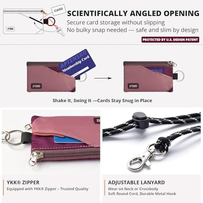 RFID Blocking Travel Wallet with Adjustable Lanyard, Small Nylon Zipper Pouch and Badge Holder for ID, Credit Cards, Cash, Keys, Commuters (Mauve+Plum Wine) - color: Mauve+Plum Wine