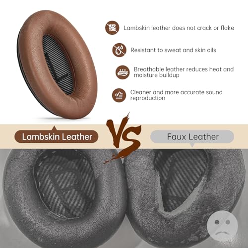 Aurivor Leather Ear-Pads Cushions for Bose QuietComfort QC-35 QC-35-ii QC-25 QC-15 QC-2 Headphones, Lambskin Replacement Ear Covers for Ae2/Ae2i/Ae2W SoundLink SoundTrue Around-Ear Headsets(Brown)
