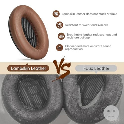 Aurivor Leather Ear-Pads Cushions for Bose QuietComfort QC-35 QC-35-ii QC-25 QC-15 QC-2 Headphones, Lambskin Replacement Ear Covers for Ae2/Ae2i/Ae2W SoundLink SoundTrue Around-Ear Headsets(Brown)