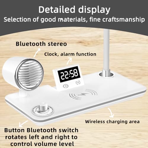 IHAO Smart LED Desk Lamp with Wireless Charger & Bluetooth Speaker, 15W Fast Charging Station for Phone & Earbuds Touch Control 3 Light Modes Alarm Clock Adjustable Eye-CareTable Lamp-HYT1772 Black - color: Table Lamp 4in1 with bluetooth speaker HYT1772 B
