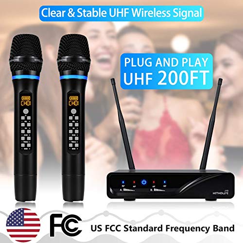 J10 Wireless Microphone Karaoke System Rechargeable, UHF Metal Cordless Microphone Handheld with Volume Echo Treble BASS Control and Receiver Box for Singing Karaoke Speech Meeting