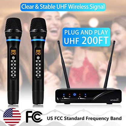J10 Wireless Microphone Karaoke System Rechargeable, UHF Metal Cordless Microphone Handheld with Volume Echo Treble BASS Control and Receiver Box for Singing Karaoke Speech Meeting