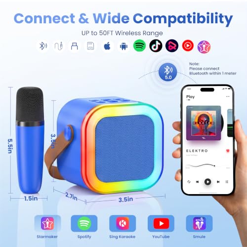 Mini Karaoke Machine, Portable Bluetooth Speaker & 2 Wireless Microphones | Karaoke Player Karaoke Microphone For Family Home Party Outdoor With HI-FI Sound | 5 Magic Sound | PA System | USB | TF | AUX - color: Deepblue