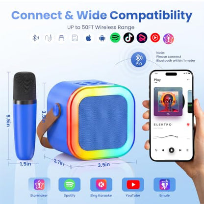 Mini Karaoke Machine, Portable Bluetooth Speaker & 2 Wireless Microphones | Karaoke Player Karaoke Microphone For Family Home Party Outdoor With HI-FI Sound | 5 Magic Sound | PA System | USB | TF | AUX - color: Deepblue