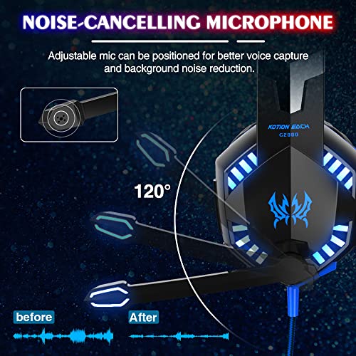 VersionTECH. G2000 Gaming Headset, Bass Surround Gaming Headphones with Noise Cancelling Mic, LED Lights, Soft Memory Earmuffs for PS5/ PS4/ Xbox One Controller/Laptop/PC/Mac/Nintendo NES Games-Blue - color: Blue