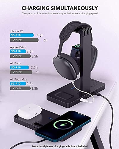 Headphone Stand Headset Holder with Wireless Charger, 4 in 1 Fast Wireless Charging Station for Apple Watch,Air Pods Pro/2, iPhone13/12/11/X, Earphone Hanger with 2 USB-C Ports for Desktop Gamer Room