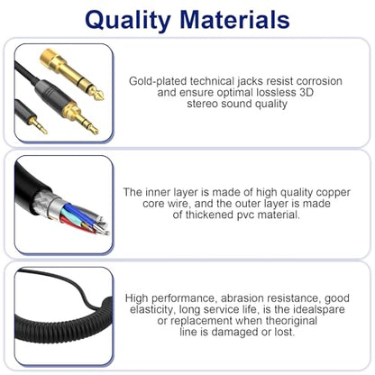 QC45 Coiled Audio Cable Compatible with Bose QuietComfort, QuietComfort Ultra, QC45, QC35, QC35 II, QC25, NC700, OE2, Soundlink, SoundTrue headphones, 2.5mm to 3.5mm Cable with 6.35mm Adapter, 4-14ft