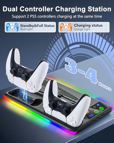 Honghao Controller Charger for PS5/PS5 Slim/Pro: PS5 Cooling Fan and Controller Charger Station, PS5/PS5 Slim Stand Accessories Vertical Charging Dock Stand for PlayStation 5 (Black) - color: Black