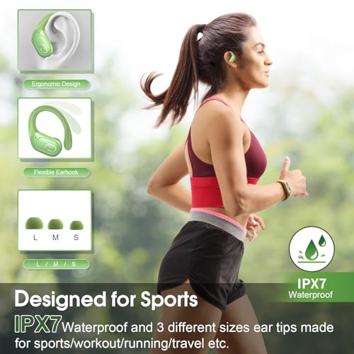 Wireless Earbuds 75H Bluetooth 5.4 Sport Headphones with Earhooks, Green | IPX7 Waterproof In-ear Buds Feature ENC Noise Cancelling Mic & Deep Bass. Stereo Sound Device for Gym Running Workout - color: Green