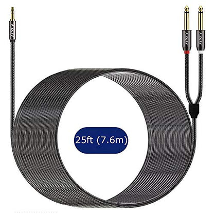 J&D 1/8 to 1/4 Stereo Cable, 3.5mm TRS to Dual 6.35mm TS Breakout Cable Y Splitter Cord for Amplifiers/Audio Mixer/Audio Recorder/MP3/MP4, Nylon Braid, Gold Plated Copper Shell, 25 Feet - size: 25 Feet