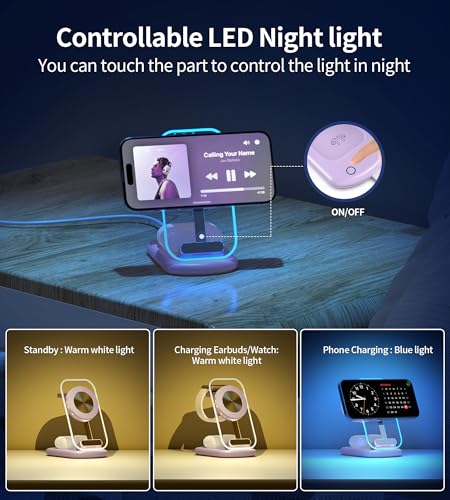 3 in 1 Magnetic Wireless Charging Station for Apple Devices | Fast Travel Charger Stand with Night Light for MagSafe-enabled iPhone 17 16 15 14 13 12 Series, Apple Watch/AirPods Pro, PU - color: Purple