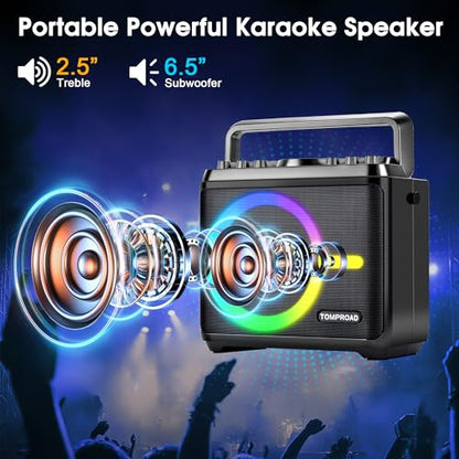 Karaoke Machine, Bluetooth Speaker with 2 Wireless Microphones, Portable Voice Amplifier PA System for Adults Kids with LED Lights Support Bass/Treble Adjustment, TF Card/USB, REC for Home Party