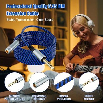 10ft 1/4 Inch TRS Extension Cable, 6.35mm Male to Female Stereo Audio Cord, Heavy Duty Nylon Braided Headphone Adapter for Guitar, Amp, Studio Monitor, Mixer & Home Theater - Blue/Black - size: 10ft