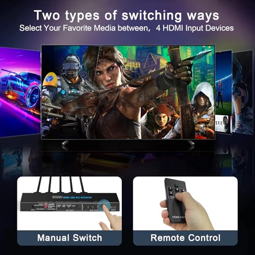 HDMI 2.1 Switch 4K 120Hz 4 in 1 Out with Audio Extractor VRR ALLM HDCP2.3 ARC eARC HDR CEC SPDlF Optical and 3.5mm Audio,D-olby Atmos,Digital EDID for PS5 Xbox NVIDIA AMD